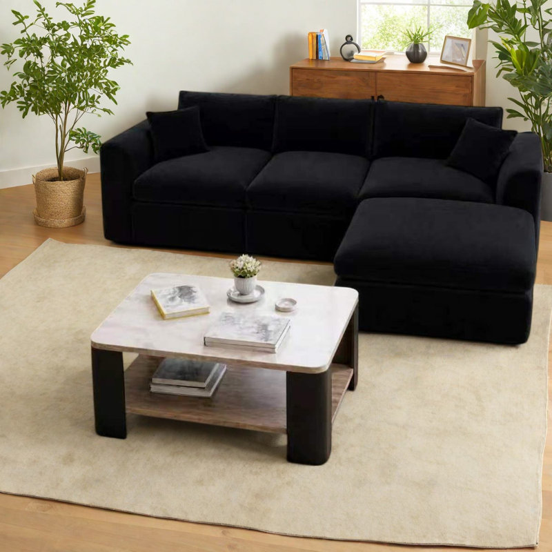 Canapés modulaires à compression en mousse de chenille noire 106,7 po, salon moderne
