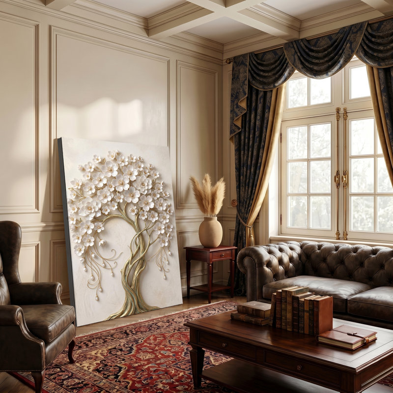 Glamour Golden White Floral Tree, impression sur toile tendue, 28 po x 40 po