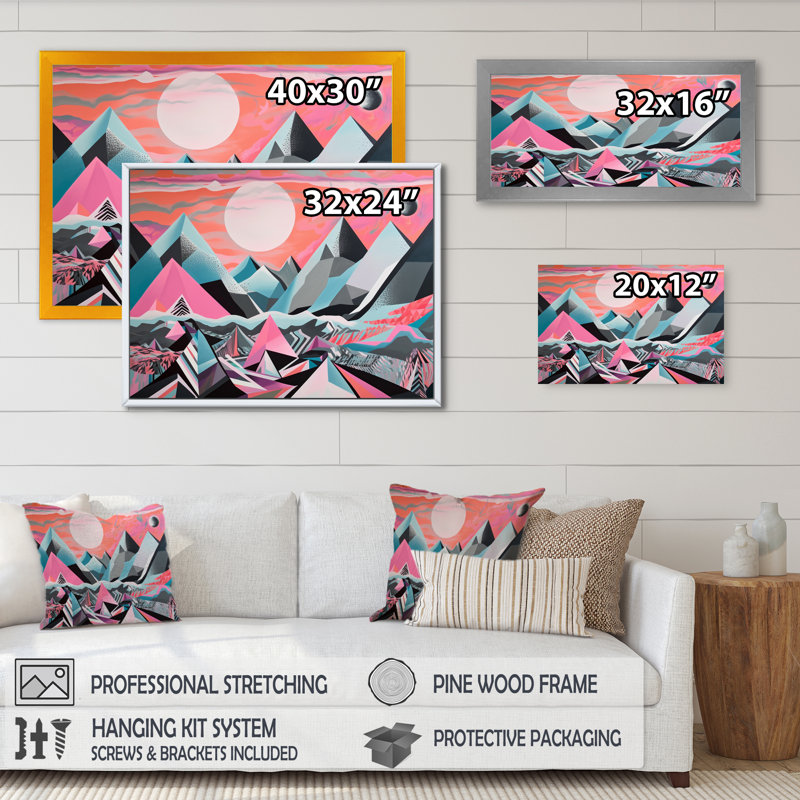 Desaree " Pink Sharp Mountains ", 34" H x 44" W x 1.5" D, Gold Floater Framed