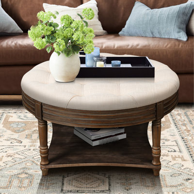 Oversized Button - Living Room Coffee Table In Beige White Linen 2 Tier Round Upholstered Waterproof