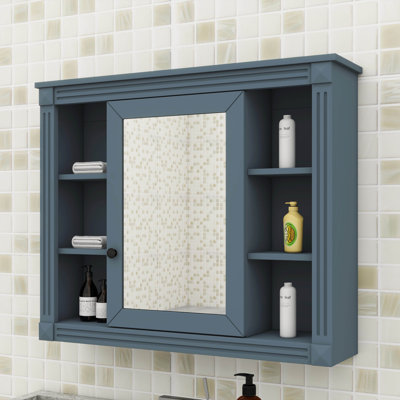 Armoire de rangement murale moderne avec portes miroir et 6 tablettes ouvertes Modern