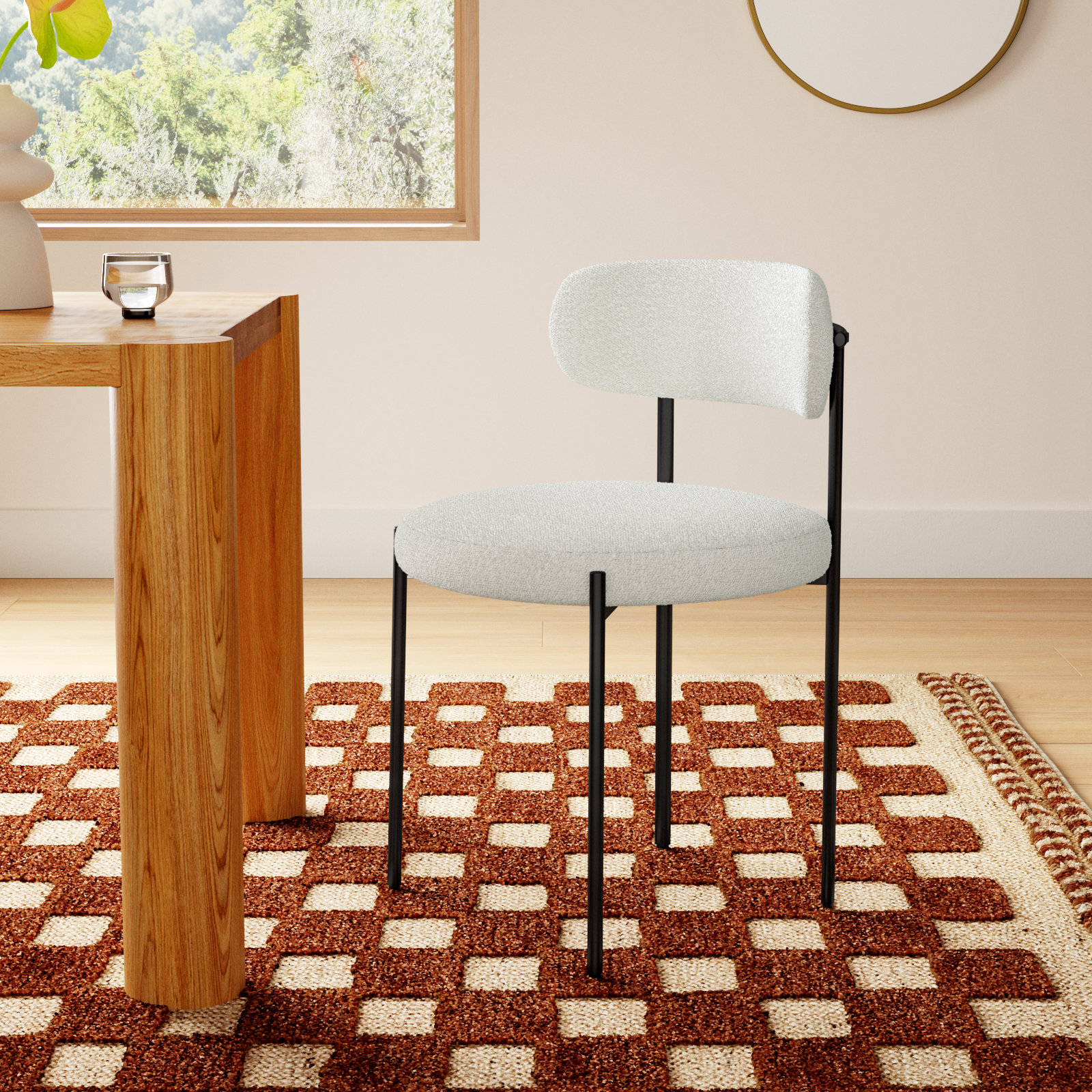 Sherwood Solid Back Boucle Side Chair, Cream Boucle, Matte Black