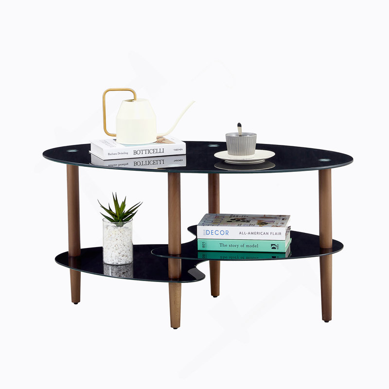 Table basse ovale noire en verre, table moderne avec pieds en chêne