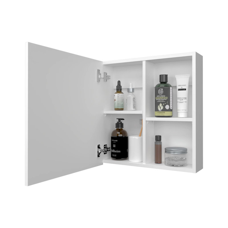 Armoire murale blanche pour salle de bain avec miroir et trois compartiments de rangement spacieux, White