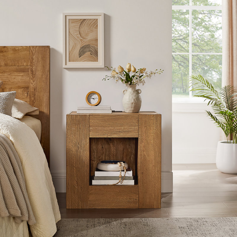 Table de chevet moderne avec station de charge, grande table de chevet de 24 po avec tiroirs et tablette ouverte, table de chevet en bois épais