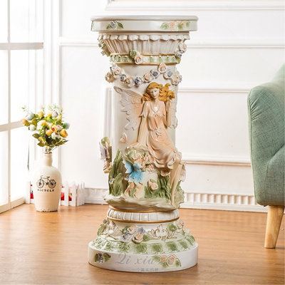 33 pi. Piédestal de colonne romaine rétro 33 po, pilier en résine avec fée et relief floral, présentoir élégant pour le salon, le vestibule et la décoration intérieure