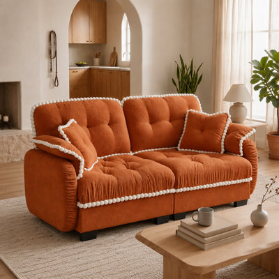 Canapé en chenille avec 4 coussins décoratifs en nuage de chenille, conception ergonomique, coussin d'assise matelassé à garniture de pompons, facile à assembler, canapé à assise profonde pour le salon, orange