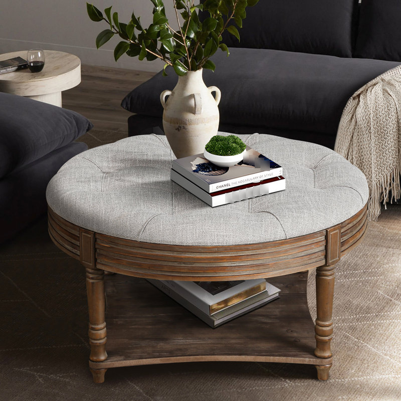 Rond avec coussin et rangement - Lin, table basse fonctionnelle imperméable grise, eau, Gris clair
