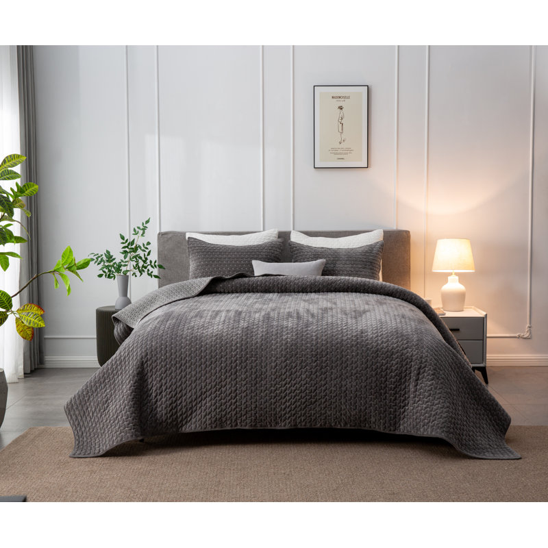 Zera Cross Velvet Coverlet/Bedspread with Pillowcases, Gray, King Coverlet/Bedspread + 2 King Pillowcases