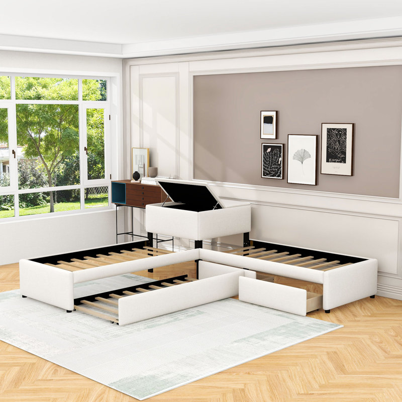 Lit simple en forme de L avec table intégrée et tiroirs de rangement, lit gigogne simple, Beige