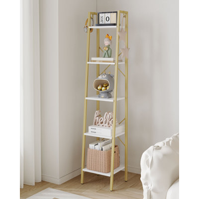 Ladder Shelf, Bookshelf Bookcase, Freestanding Corner Storage Shelve with 2 Hooks for Home Office, Living Room, Kitchen, Bedroom, Industrial, 11.8" D x 13.4" W x 63" H, White Gold