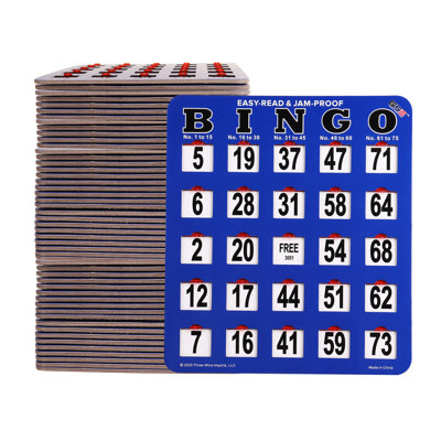 Paquet de 50 cartes de bingo Jumbo Shutter bleues, cartes de bingo à glissière au bout des doigts, carton de bingo à gros caractères facile à lire avec fenêtres coulissantes