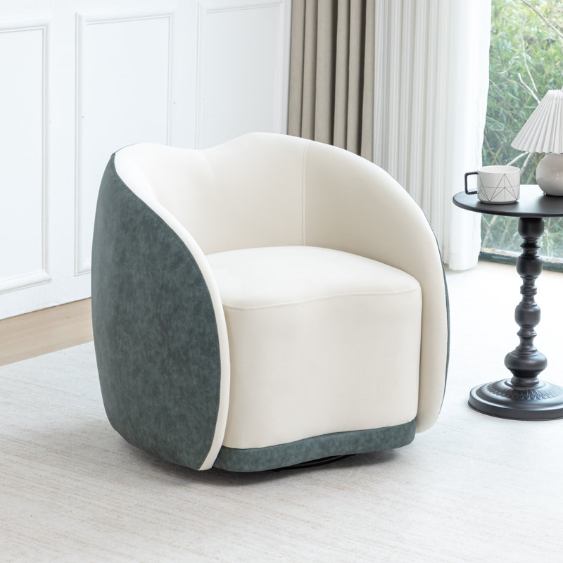 Aastha Velvet Upholstered Swivel Barrel Chair, Navy/White