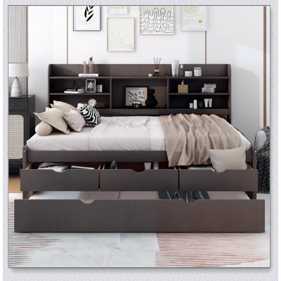 Wooden Captain Bed With Built-In Bookshelves,Storage Drawers And Trundle by Ophelia & Co.