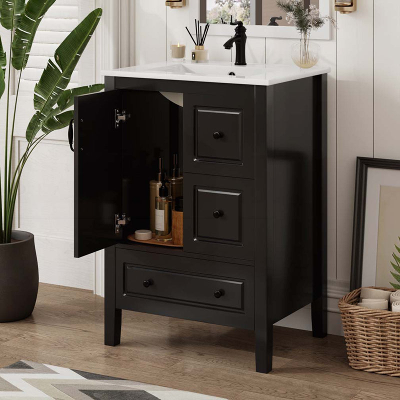 Meuble-lavabo avec lavabo, armoire et tiroirs, Noir