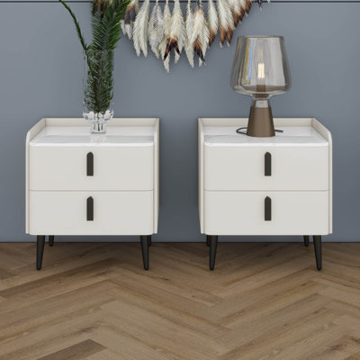 Ensemble de 2 tables de chevet, table de chevet avec rangement à 2 tiroirs et plateau de table en marbre, table d'appoint moderne, table de bout