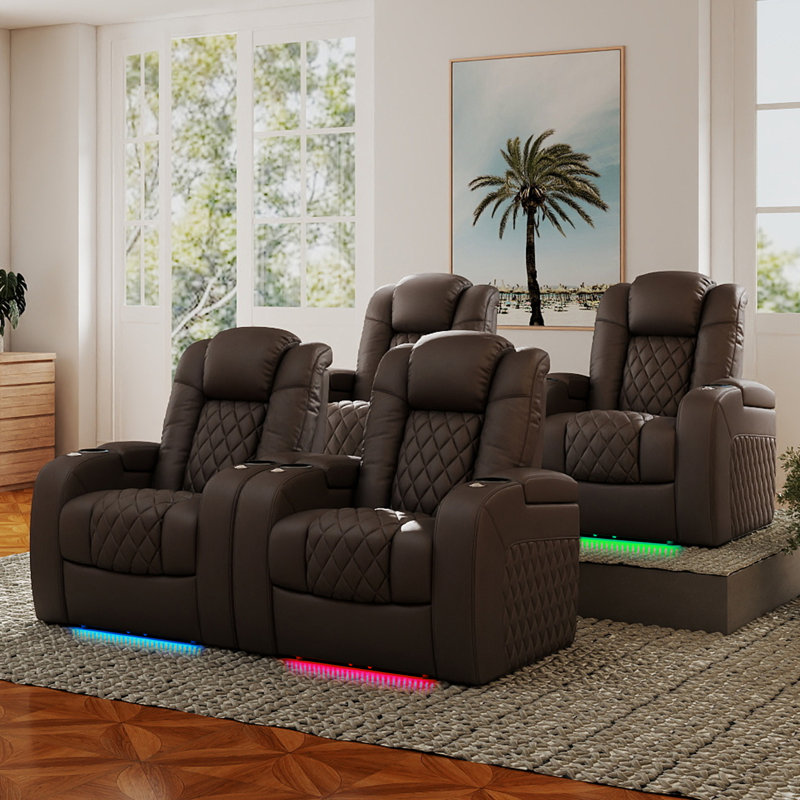 Power Theater Sofa Top Grain Leather Power Recliner Movie Chair Gaming Seat With USB Charging Tray Table Cup Holders(Set Of 4)
