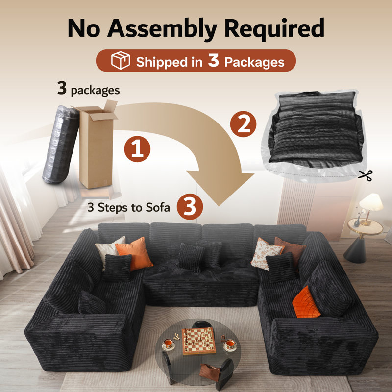 Canapé modulaire rembourré Kustas sans assemblage requis pour le salon et le cinéma maison, Velours côtelé noir