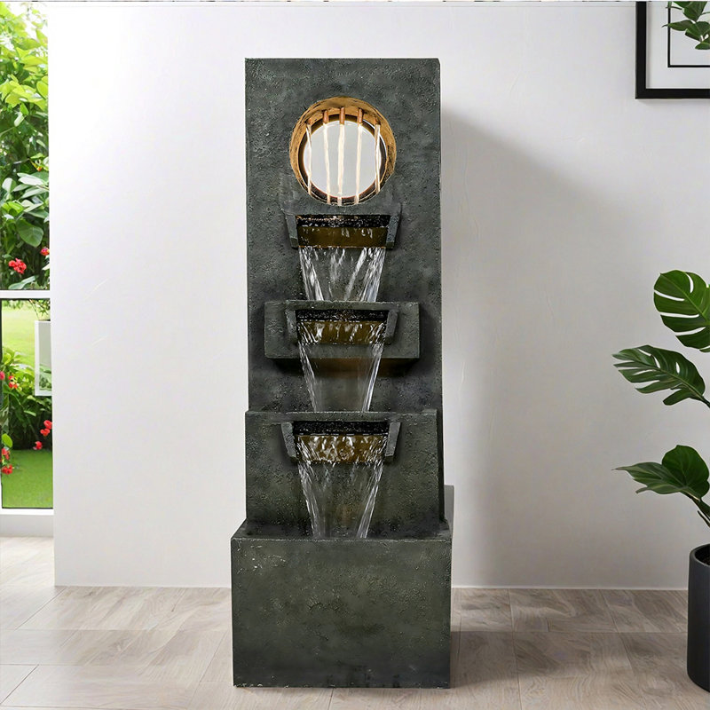 39.3" Garden Water Fountain Outdoor – Modern Cascading Resin Waterfall Fountain With LED Light, Mossy Stone Look, Floor-Standing Outdoor Water Feature For Patio, Yard, Deck, Home Décor