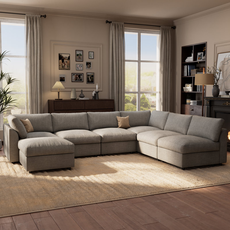 Canapé modulaire 7 pièces avec rangement 7 pièces, Chenille gris pâle, H 37 po x l 129 po x P 93,5 po