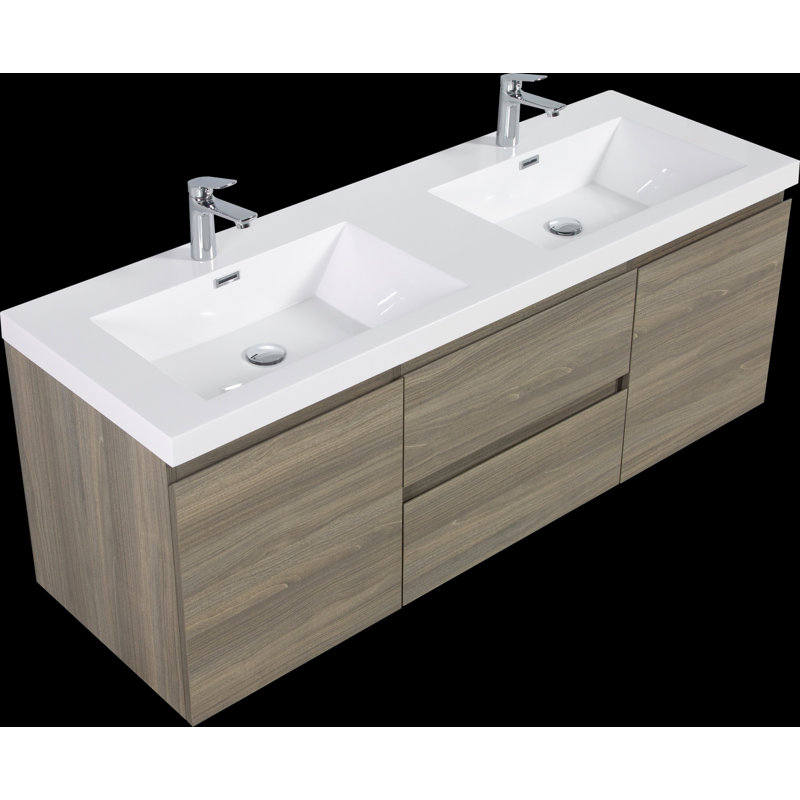 Meuble-lavabo mural avec lavabo, meuble de rangement pour salle de bain avec deux lavabos en résine