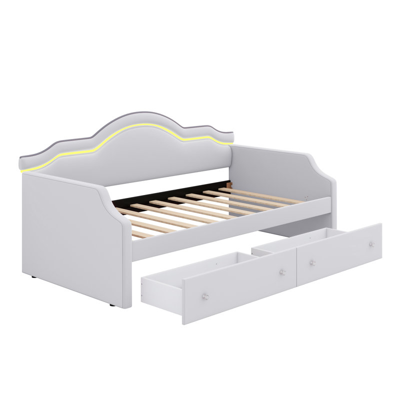 LED-Lit Upholstered Daybed Featuring Smooth-Glide Drawers For Lounging, Guests Or Small-Space Living, Beige