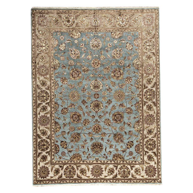 Tapis bleu clair / crème / brun noué à la main de haute qualité