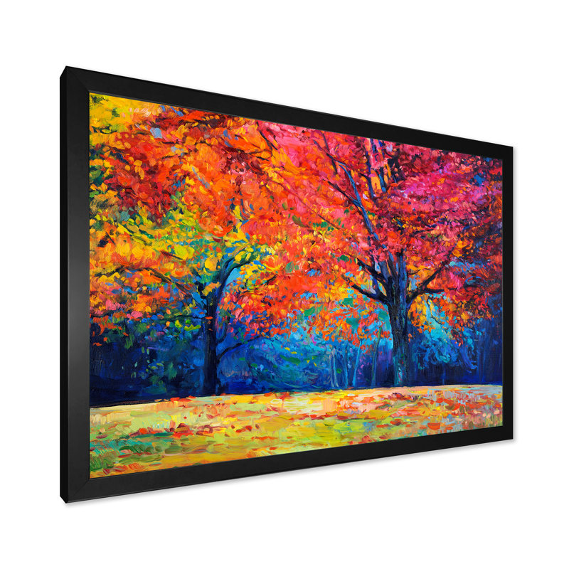 «Vibrant Red Tree in Autumn Landscape», peinture sur toile, H 12 po x l 20 po x p 1 po, Cadre photo noir