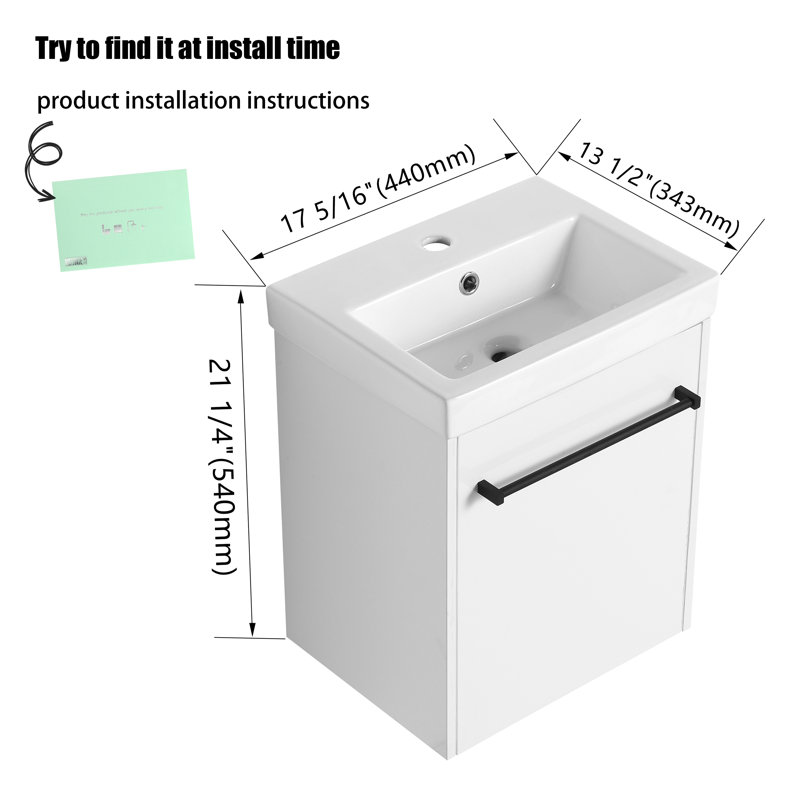 18 inch Wall Mounted Single Bathroom Vanity With Ceramic Vanity Top, White