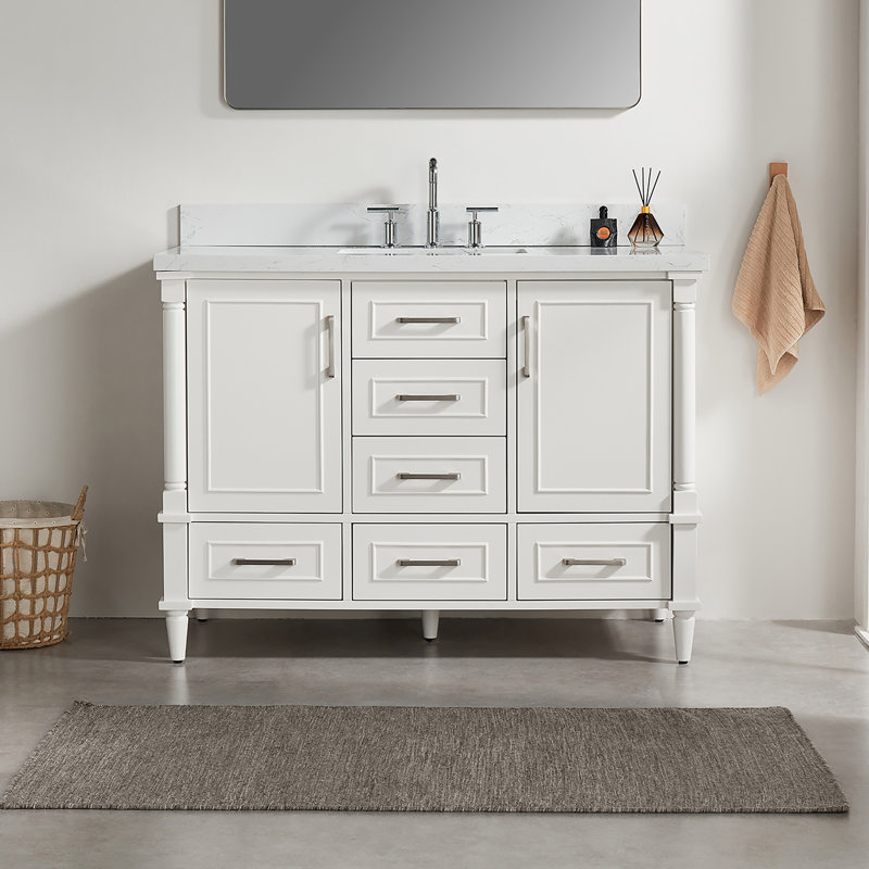 Ensemble de meuble-lavabo autoportant 48 po en bois massif avec plateau en marbre de Carrare, tiroirs à fermeture en douceur et 2 ensembles de poignées