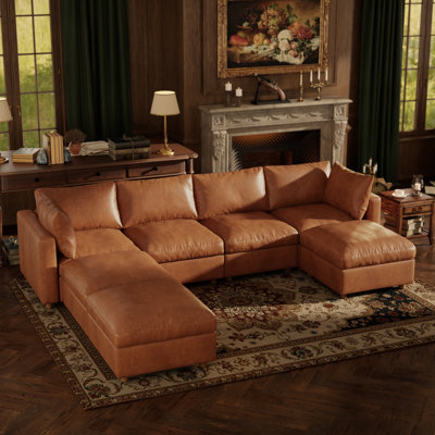 128" Leather Upholstered Sectional Sofa with Hidden Storage