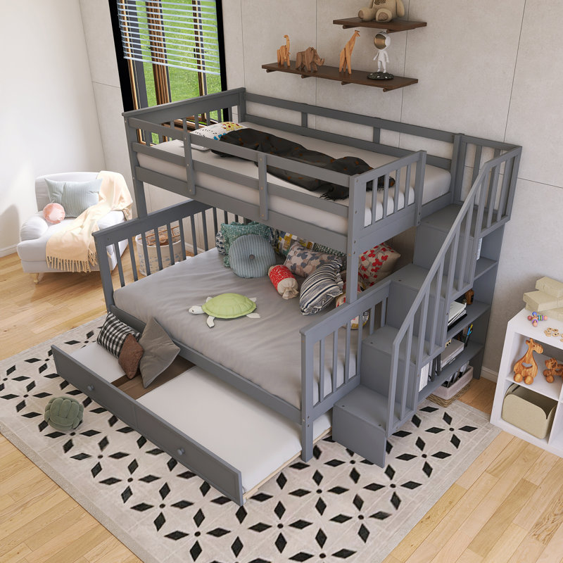 Lit superposé simple au-dessus de double avec cadre en bois avec lit gigogne simple, rangement et garde-corps, Gris