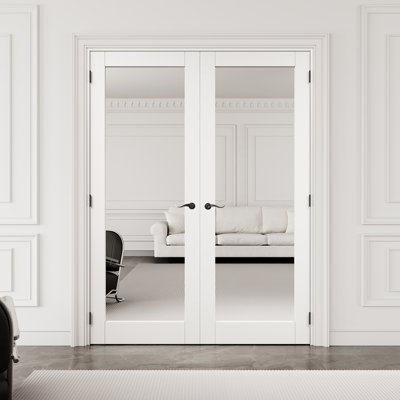 60" x 80" 1-Lite Mirror Interior French Door with Black Hardware & Latch & Door Lever, One Side Mirror, Paintable & Waterproof, Suit for Laundry, Closet Doors, Room Doors, Assembly Required