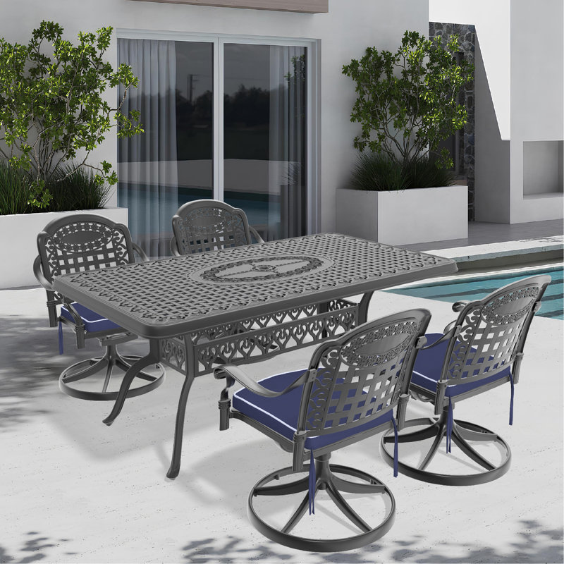 Ensemble de salle à manger 5 pièces en aluminium coulé résistant aux intempéries, comprenant 4 chaises pivotantes et une table rectangulaire avec cadre noir
