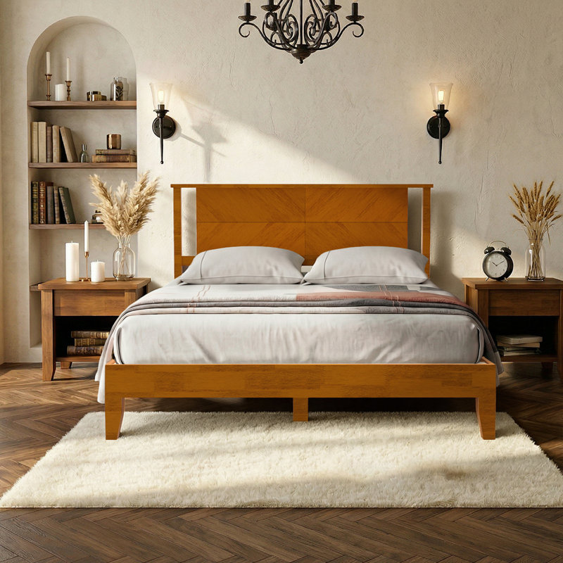 Full Size Deluxe Bed Frame With Headboard With Solid Wood, No Box Spring Needed,  Easy Assembly, Rustic Golden Brown, Full
