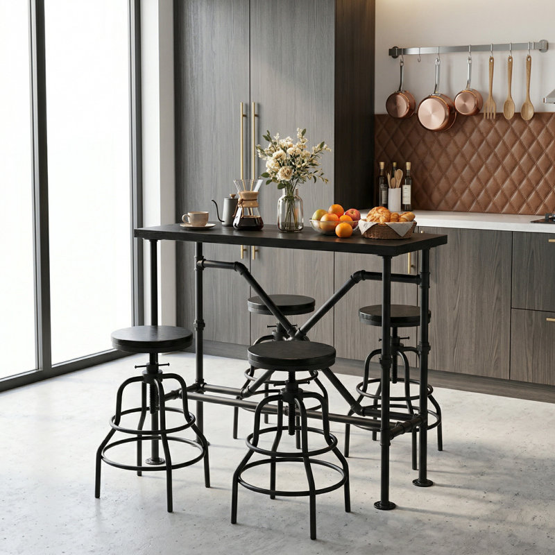 Ensemble de table de bar industriel et 4 tabourets, bois de pin massif avec finition noyer noir, table de bar à hauteur fixe avec tabourets réglables pour la cuisine, la salle à manger, le bar et le café