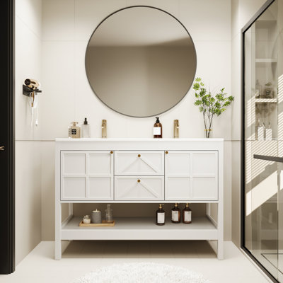 48" Farmhouse Double Sink Bathroom Vanity With 2 Drawers & Doors