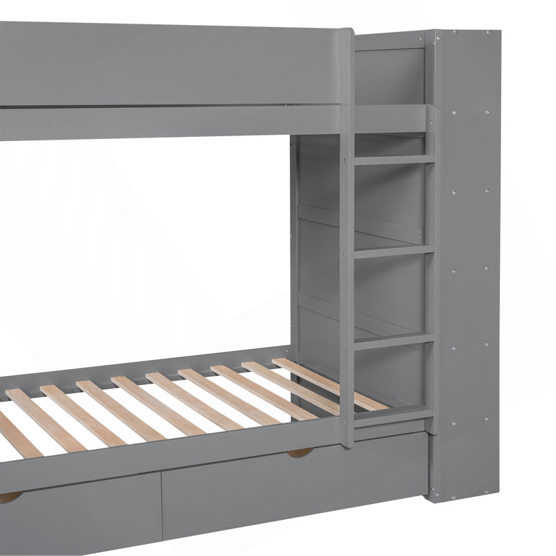 Lit superposé simple au-dessus de simple avec 2 tiroirs et armoire à couches multiples, Gris, Lit simple