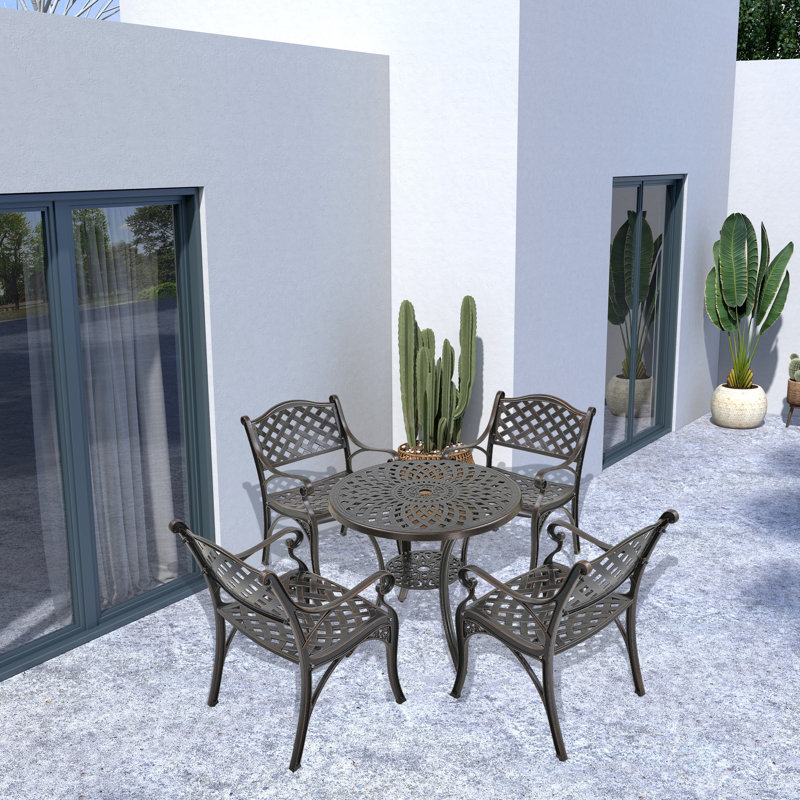 5 - Piece Metal Outdoor Patio Dining Set with Round Table, Bronze
