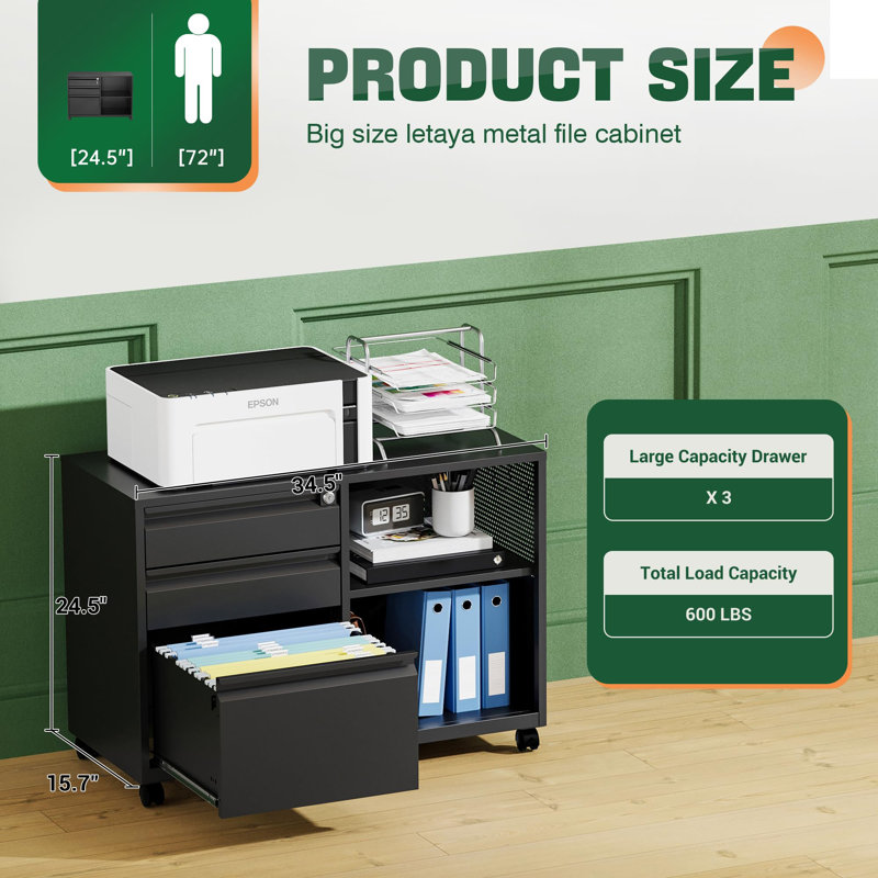 Mobile 3 Drawer File Cabinet with Lock, Black
