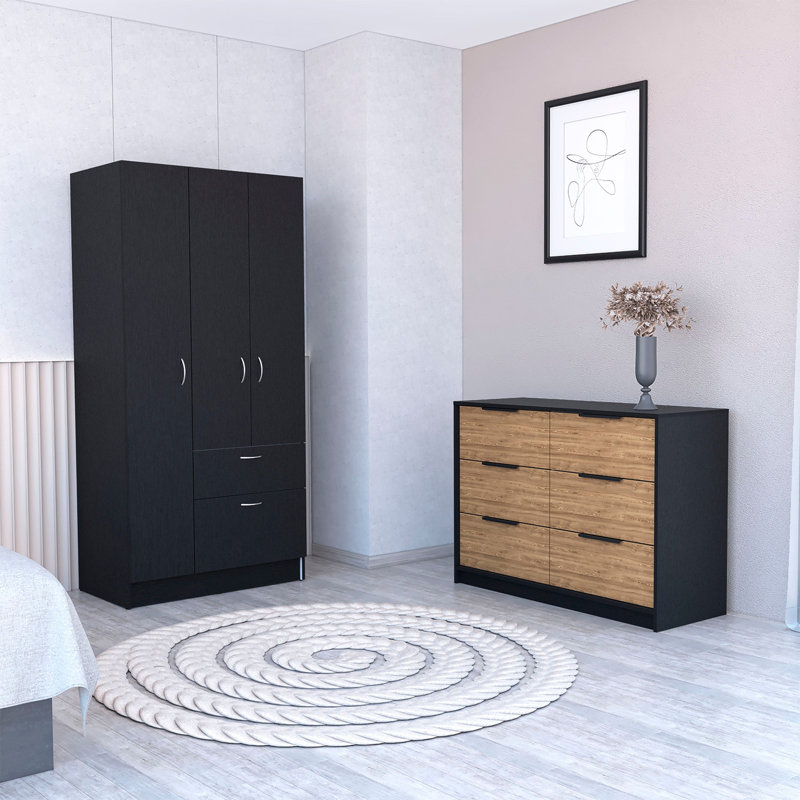 Ensemble de chambre à coucher 2 pièces, armoire et commode, wengé et pin