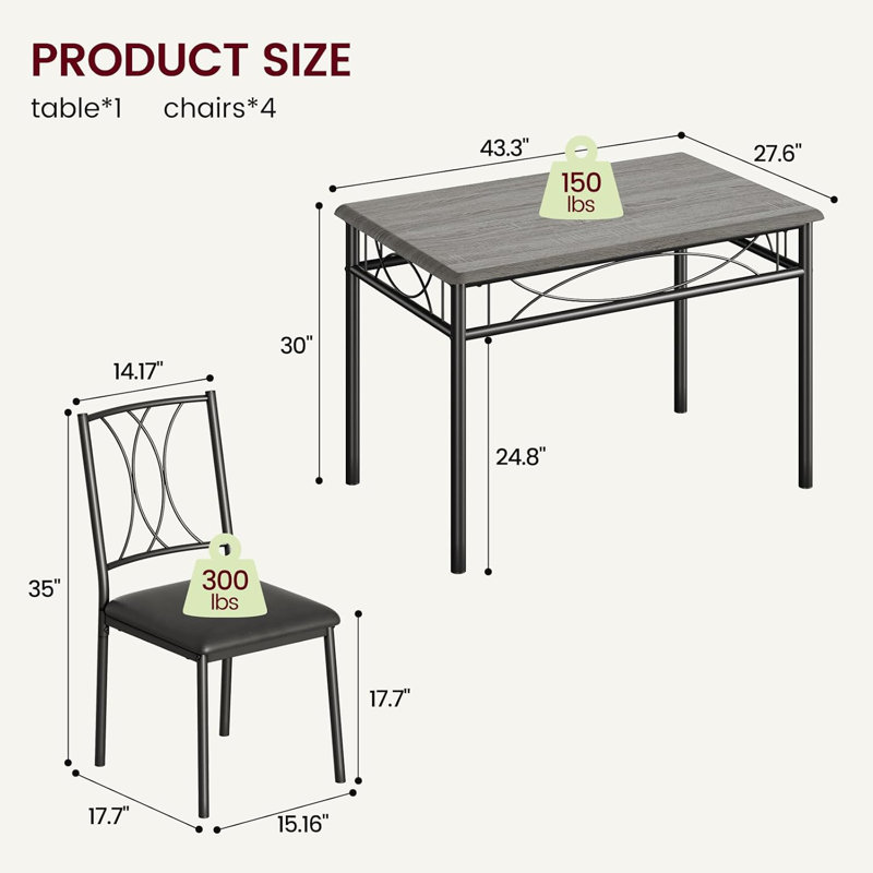 5-Piece Rectangular Dining Set for 4, Modern Upholstered Chairs, Space-Saving for Apartments, Gray