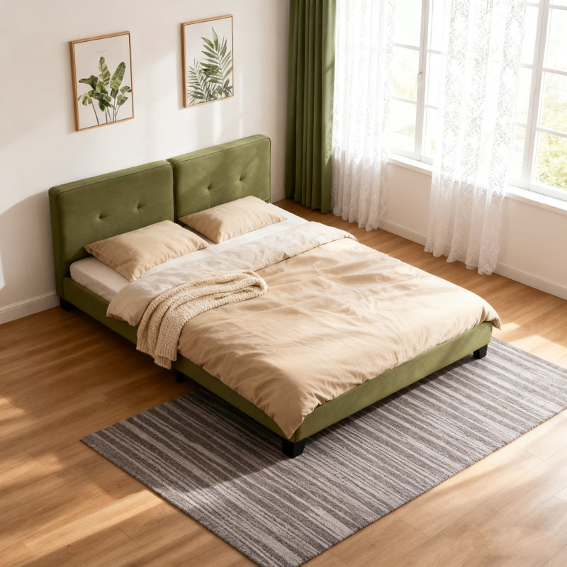 Boucle Bed Frames, Upholstered Platform Bed With Curved Tufted Headboard