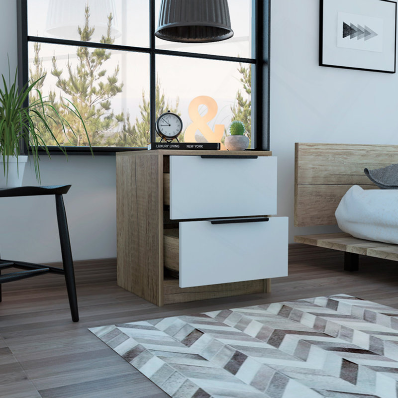 Modern Nightstand 19" H, Two Drawers, White / Light Oak, Natural/White