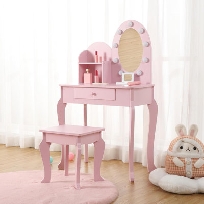 Princess Vanity Set for Girls - Kids Makeup Table with Touch Lights, Mirror, Stool, and Wood Playset by Harriet Bee