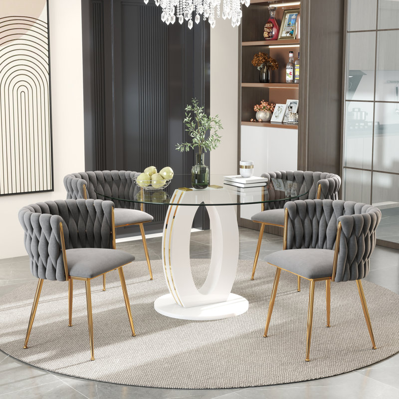 Modern Round Tempered Glass Pedestal Dining Set with Velvet Woven Dininig Chair, Gray/Gold, White/Gold