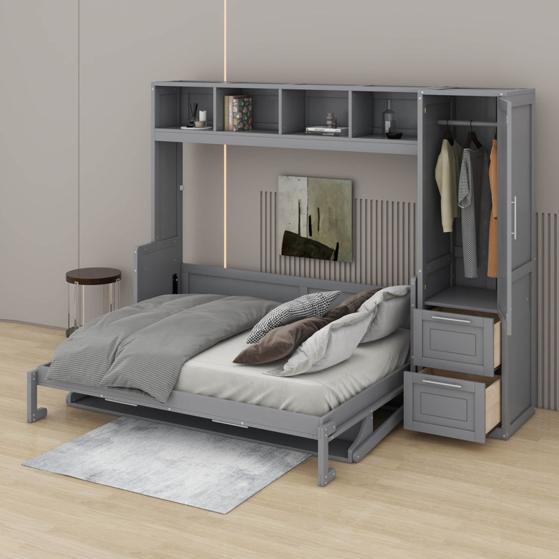 Grand lit escamotable avec placard et tiroirs, gris