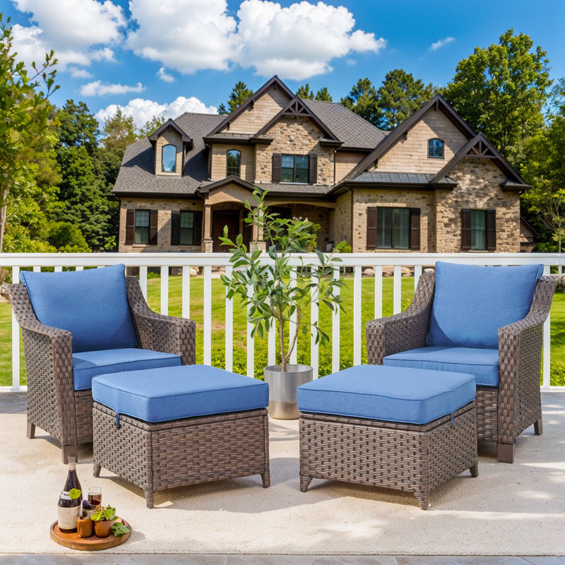 Jenesys Outdoor Wicker Club Chairs & Ottomans Set - Weather-Resistant, Blue