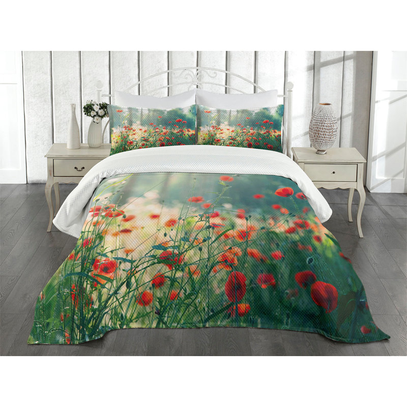 King Size Red Poppy Field Polyester Bedspread Set