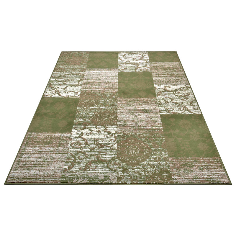 Designer velor rug Bloques in green and cream, Rectangular 120 x 170cm